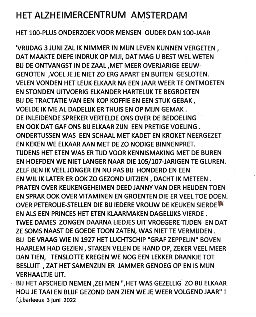 Gedicht van dhr. Barleeus - deelnemer aan 100-plus onderzoek